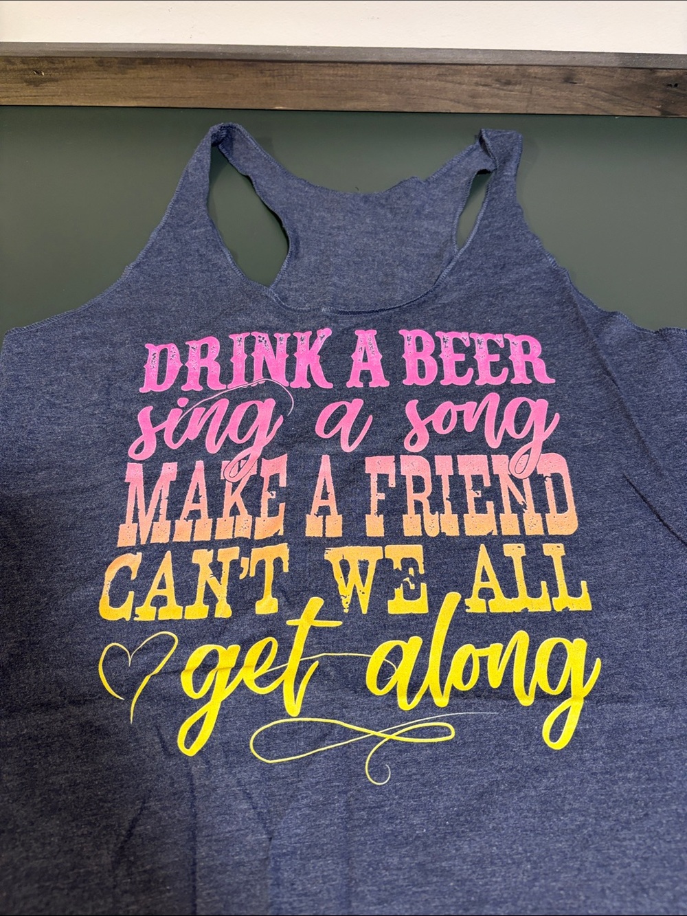Kenny Chesney themed Navy Graphic Racerback Tank with Pink & Yellow Script